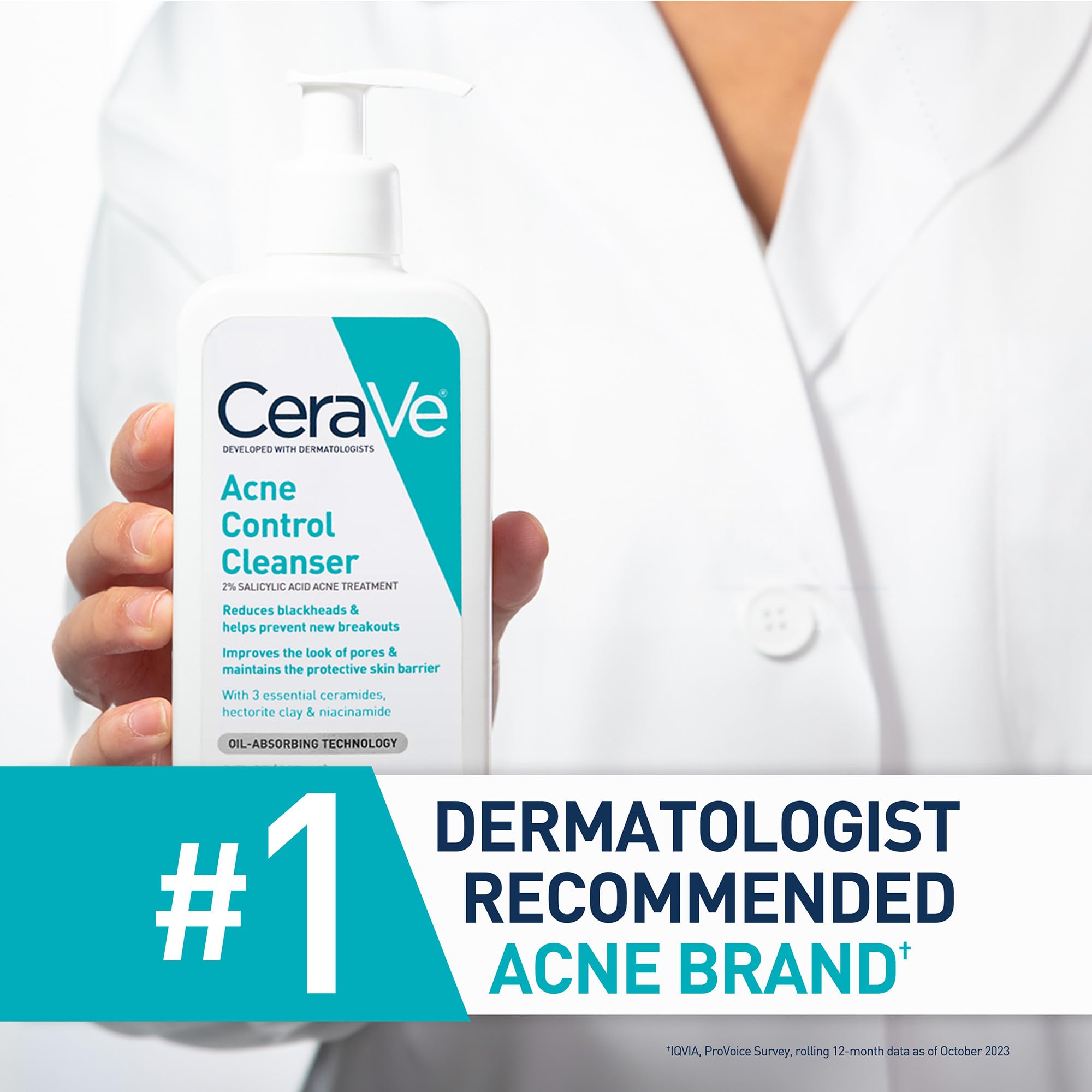 CeraVe Acne Control Cleanser, 2% Salicylic Acid Treatment Formulated With Niacinamide + Ceramides + Oil Absorbing Clay, Gentle Face Wash Helps Clear & Prevent Acne, Fragrance Free, 16 Ounce