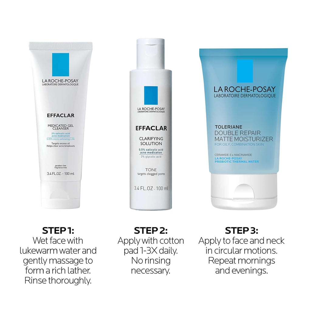 Effaclar Daily Acne Essentials Kit, Acne Treatment System, Salicylic Acid Acne Cleanser, Pore Refining Toner, & Matte Face Moisturizer for Oily Skin & Combination Skin, Oil-Free, 2 Month Supply