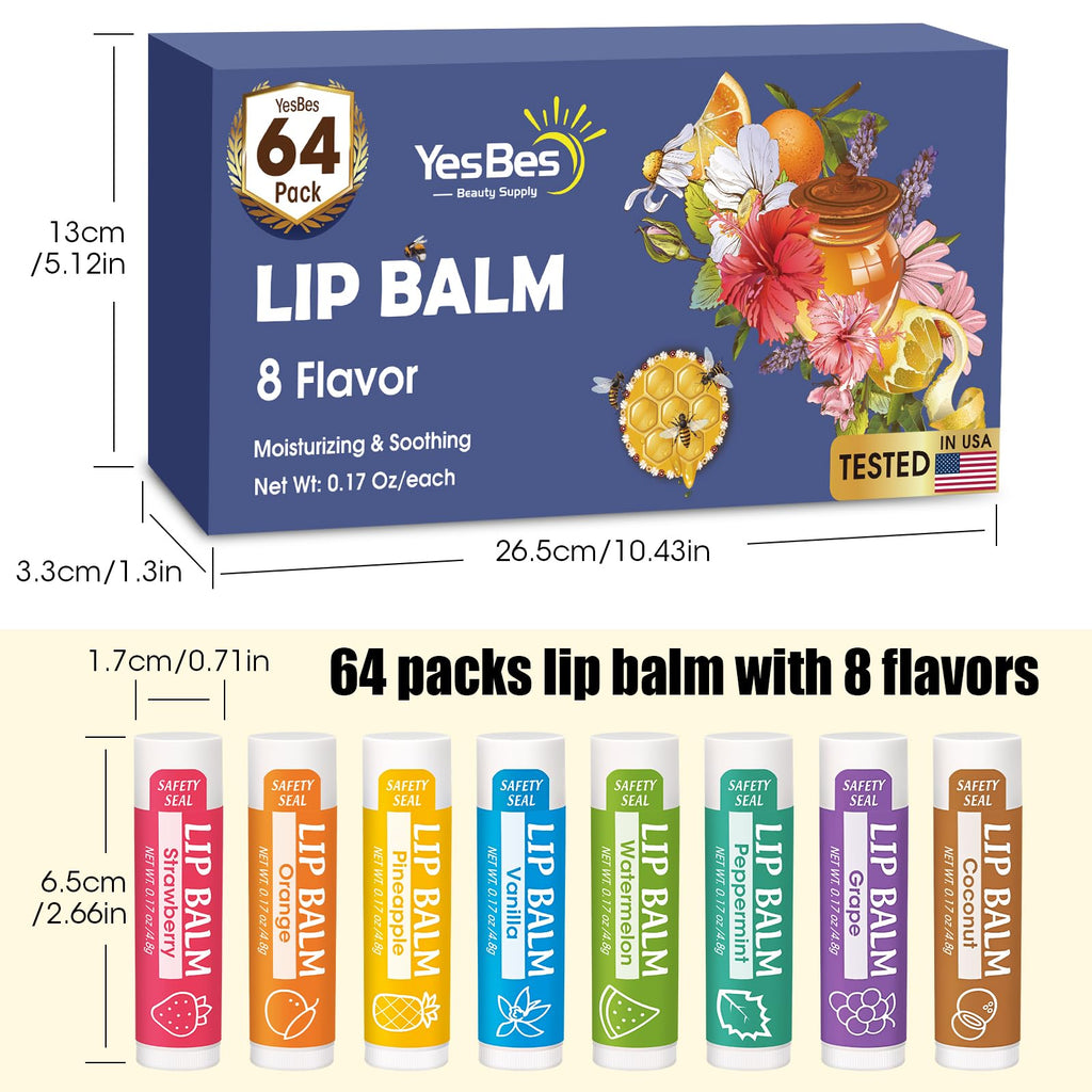 YesBes 32 Pack Lip Balm, Natural Lip Balm Bulk with Vitamin E and Coconut Oil, Moisturizing Lip Balms for Dry Cracked Lips, Lip Balms for Mothers Day Gifts Stocking Stuffers - 8 Flavors