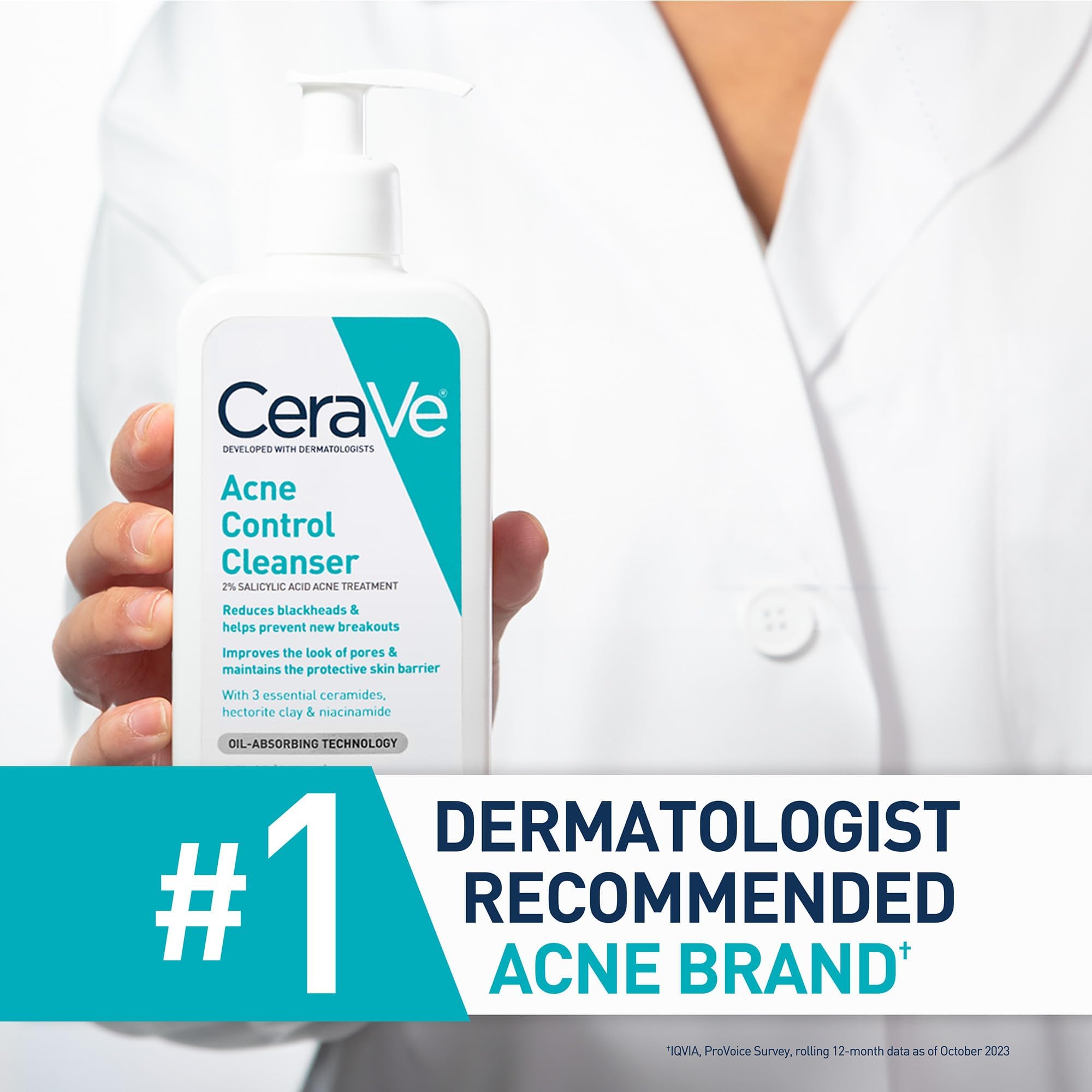 CeraVe Acne Control Cleanser, 2% Salicylic Acid Treatment Formulated With Niacinamide + Ceramides + Oil Absorbing Clay, Gentle Face Wash Helps Clear & Prevent Acne, Fragrance Free, 16 Ounce