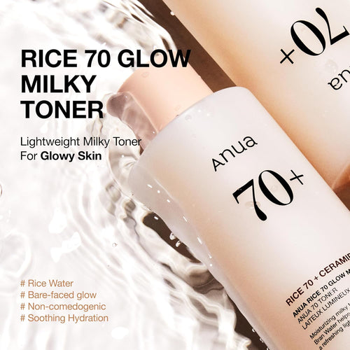 Anua Rice 70 Glow Milky Toner, Glass & Dewy Skin, Hydrating & Barrier Care, Rice Water, Niacinamide, Ceramides, All Skin Types, Fragrance-Free, Non Comedogenic, Korean Skincare, 8.45 fl.oz.