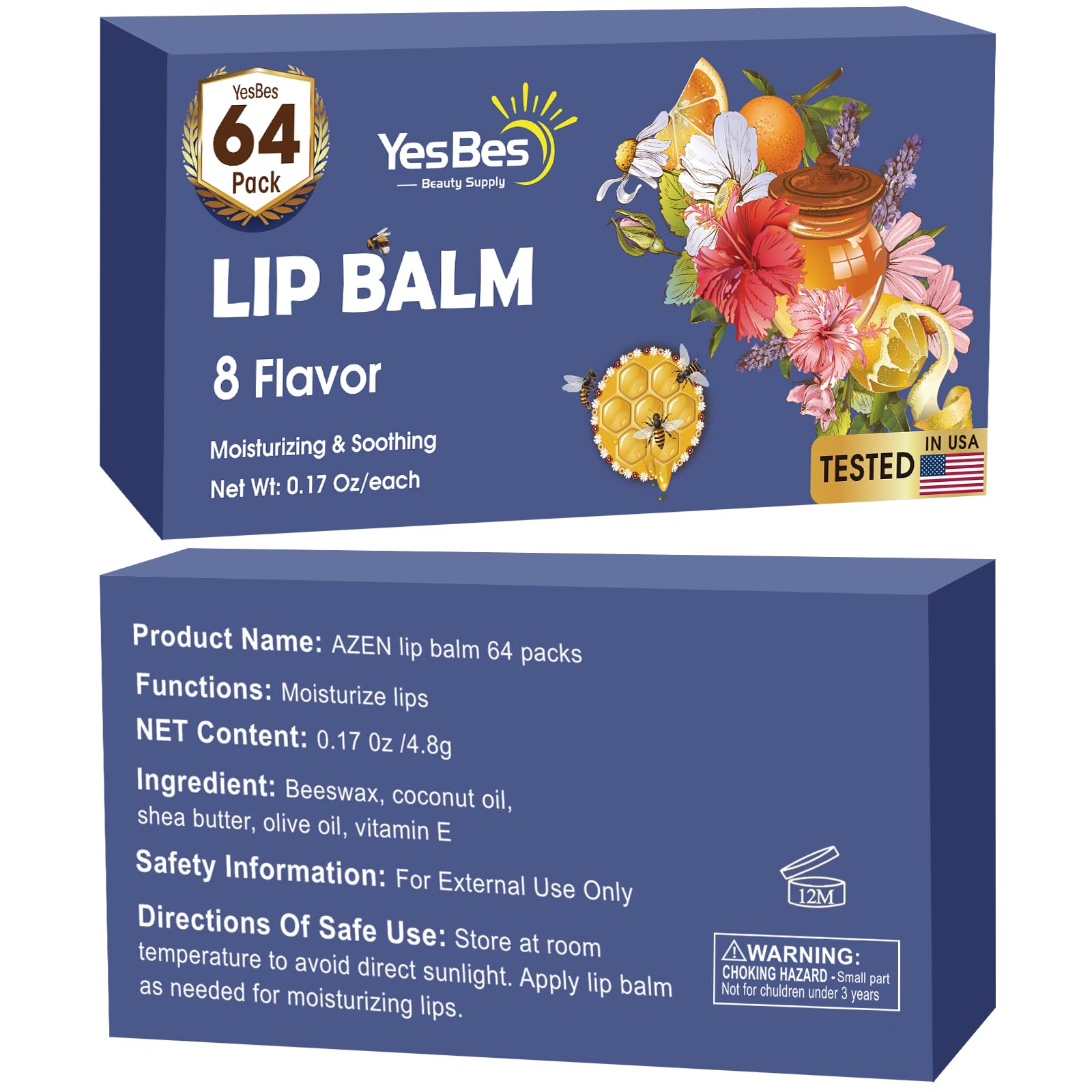 YesBes 32 Pack Lip Balm, Natural Lip Balm Bulk with Vitamin E and Coconut Oil, Moisturizing Lip Balms for Dry Cracked Lips, Lip Balms for Mothers Day Gifts Stocking Stuffers - 8 Flavors
