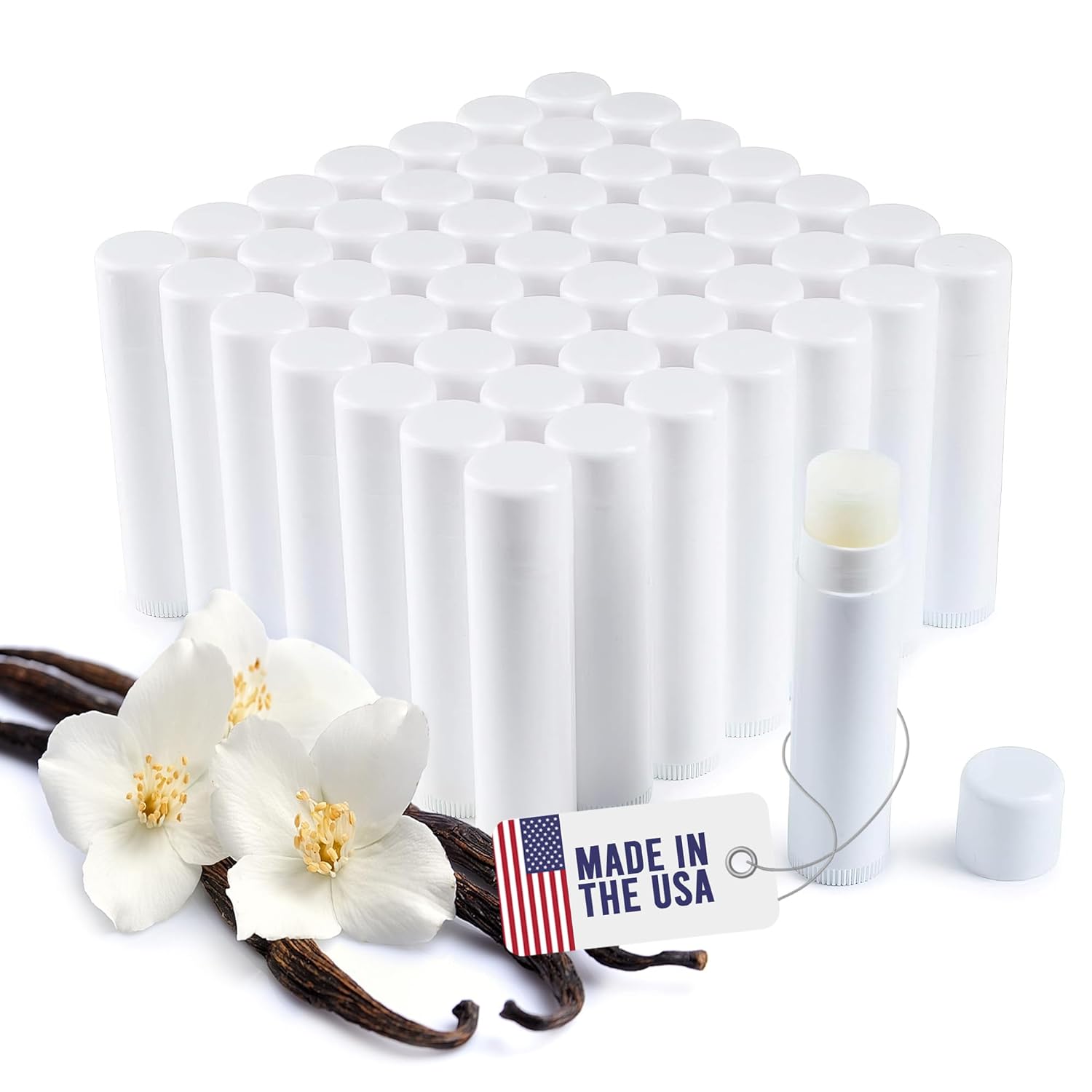Lip Balm Bulk Unlabeled - Made in USA Bulk- Natural Ingredients Vitamin E Shea Butter - Custom Bulk For Party & Wedding Favors (50 Count, Vanilla)