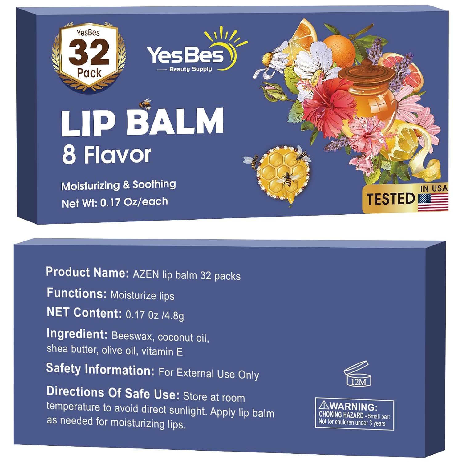 YesBes 32 Pack Lip Balm, Natural Lip Balm Bulk with Vitamin E and Coconut Oil, Moisturizing Lip Balms for Dry Cracked Lips, Lip Balms for Mothers Day Gifts Stocking Stuffers - 8 Flavors