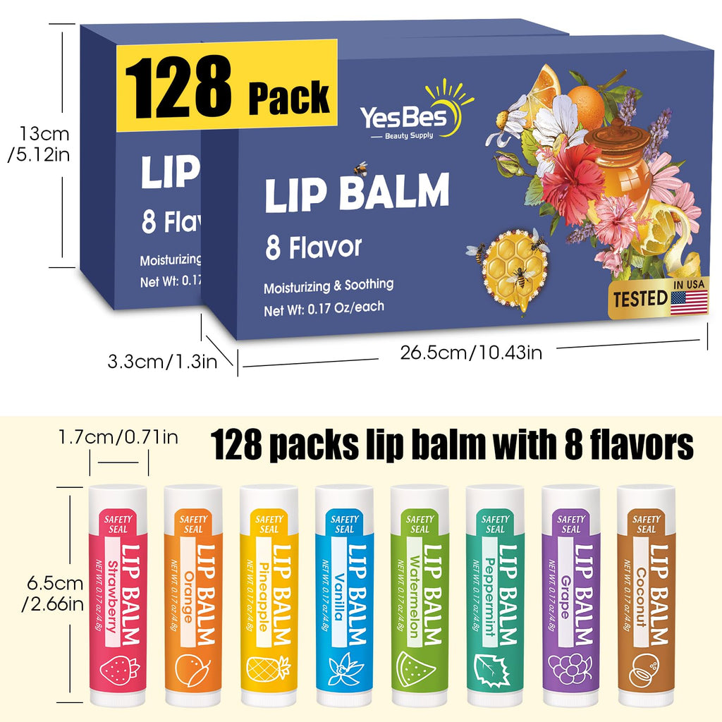 YesBes 32 Pack Lip Balm, Natural Lip Balm Bulk with Vitamin E and Coconut Oil, Moisturizing Lip Balms for Dry Cracked Lips, Lip Balms for Mothers Day Gifts Stocking Stuffers - 8 Flavors