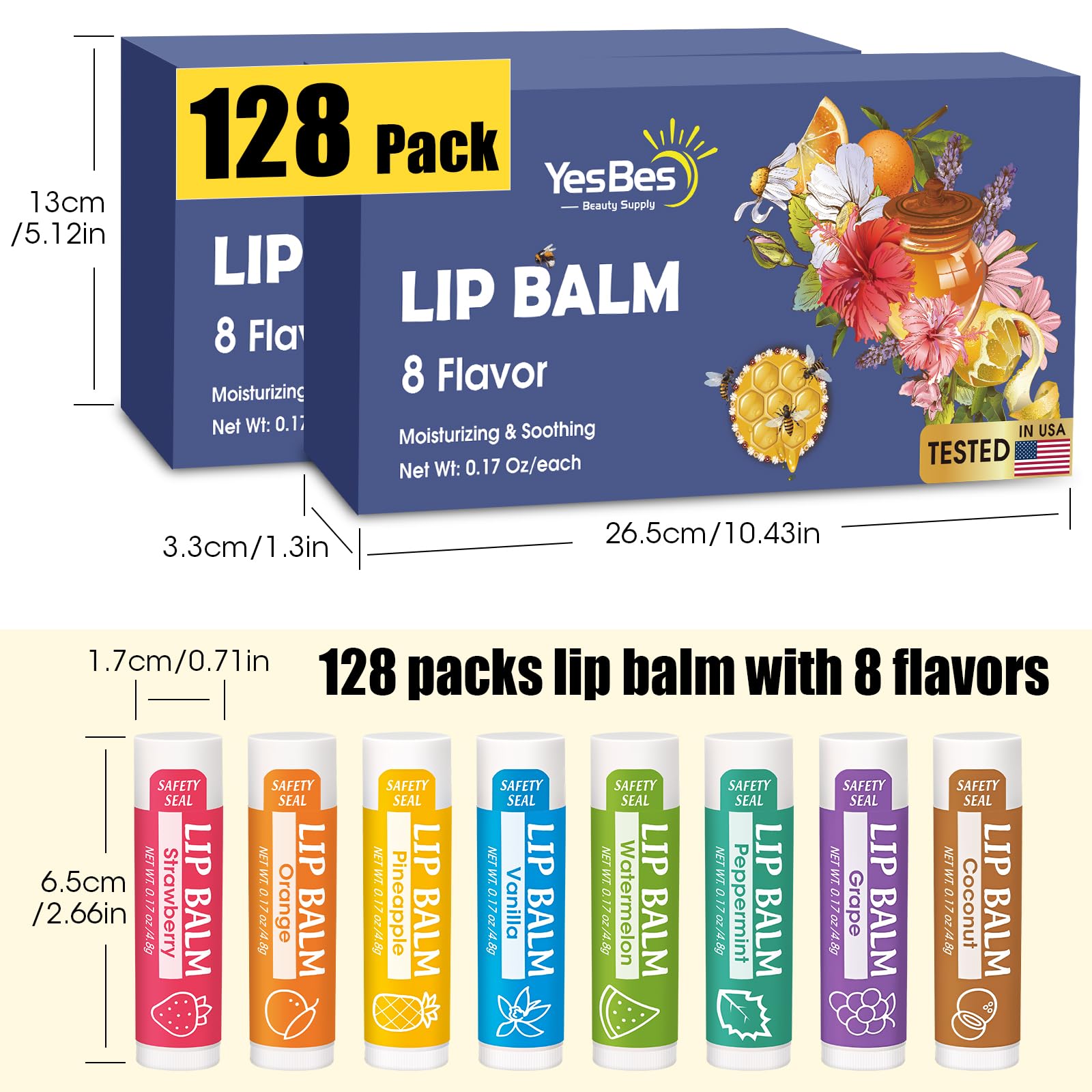 YesBes 32 Pack Lip Balm, Natural Lip Balm Bulk with Vitamin E and Coconut Oil, Moisturizing Lip Balms for Dry Cracked Lips, Lip Balms for Mothers Day Gifts Stocking Stuffers - 8 Flavors