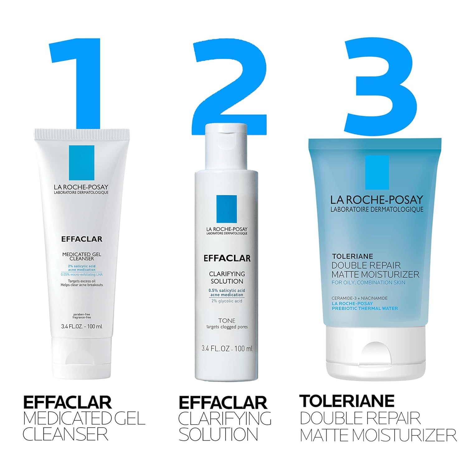 Effaclar Daily Acne Essentials Kit, Acne Treatment System, Salicylic Acid Acne Cleanser, Pore Refining Toner, & Matte Face Moisturizer for Oily Skin & Combination Skin, Oil-Free, 2 Month Supply