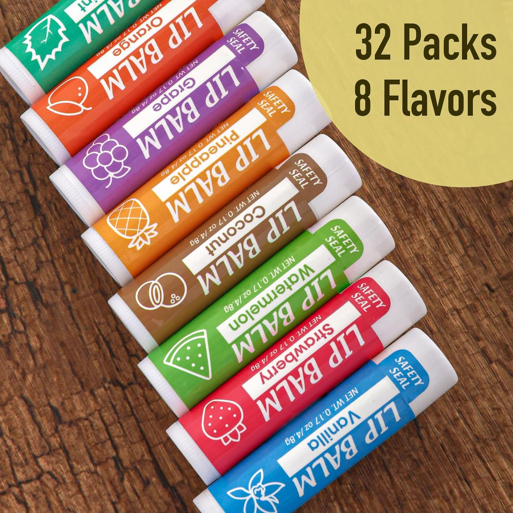 YesBes 32 Pack Lip Balm, Natural Lip Balm Bulk with Vitamin E and Coconut Oil, Moisturizing Lip Balms for Dry Cracked Lips, Lip Balms for Mothers Day Gifts Stocking Stuffers - 8 Flavors