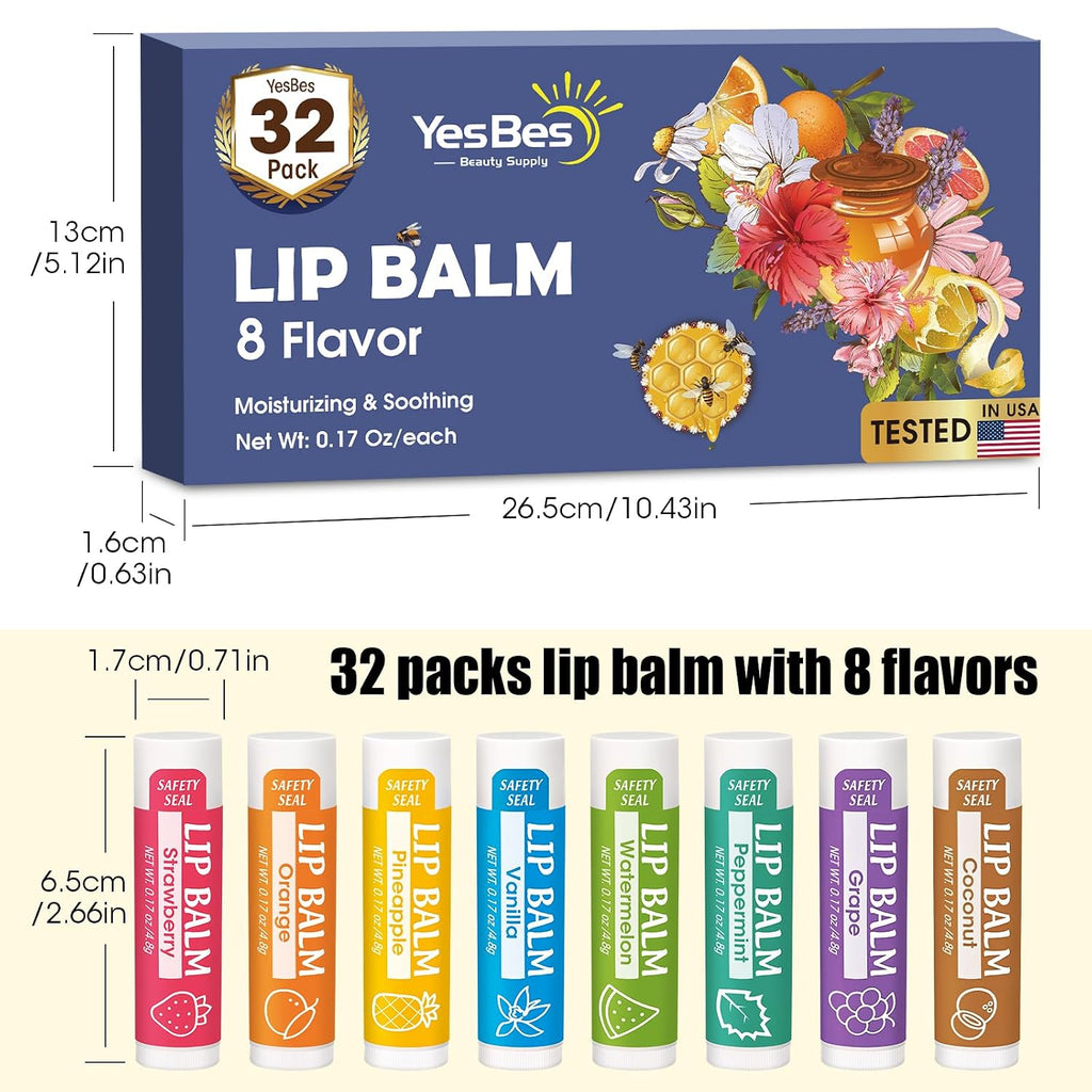 YesBes 32 Pack Lip Balm, Natural Lip Balm Bulk with Vitamin E and Coconut Oil, Moisturizing Lip Balms for Dry Cracked Lips, Lip Balms for Mothers Day Gifts Stocking Stuffers - 8 Flavors