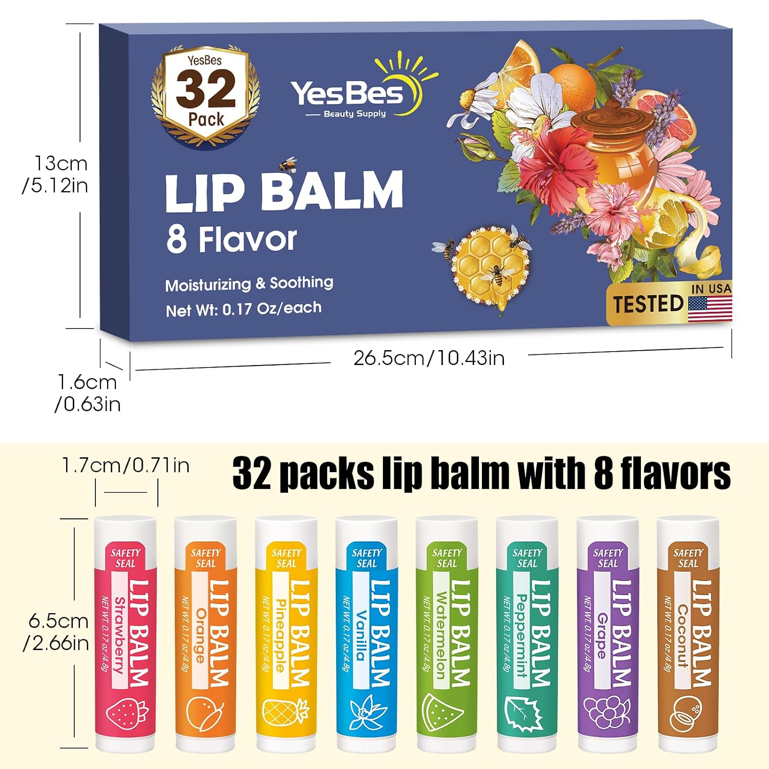 YesBes 32 Pack Lip Balm, Natural Lip Balm Bulk with Vitamin E and Coconut Oil, Moisturizing Lip Balms for Dry Cracked Lips, Lip Balms for Mothers Day Gifts Stocking Stuffers - 8 Flavors