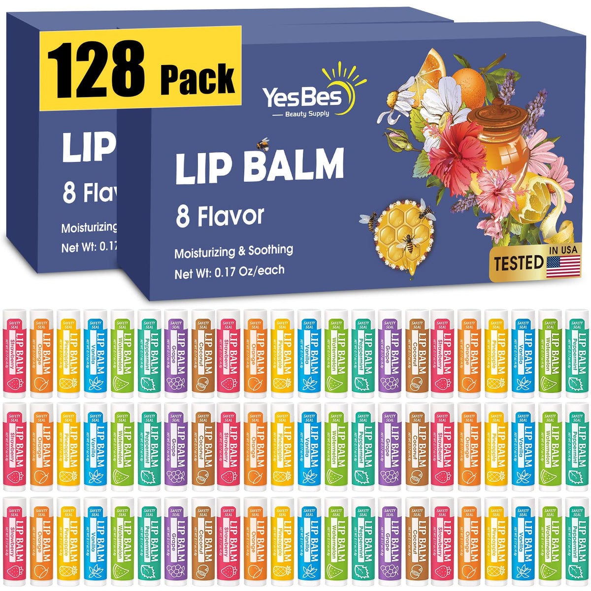 YesBes 32 Pack Lip Balm, Natural Lip Balm Bulk with Vitamin E and Coconut Oil, Moisturizing Lip Balms for Dry Cracked Lips, Lip Balms for Mothers Day Gifts Stocking Stuffers - 8 Flavors