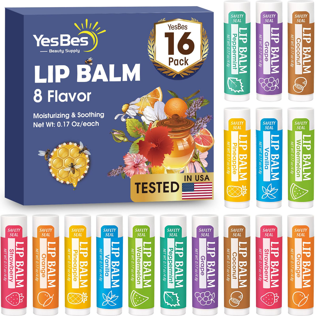 YesBes 32 Pack Lip Balm, Natural Lip Balm Bulk with Vitamin E and Coconut Oil, Moisturizing Lip Balms for Dry Cracked Lips, Lip Balms for Mothers Day Gifts Stocking Stuffers - 8 Flavors