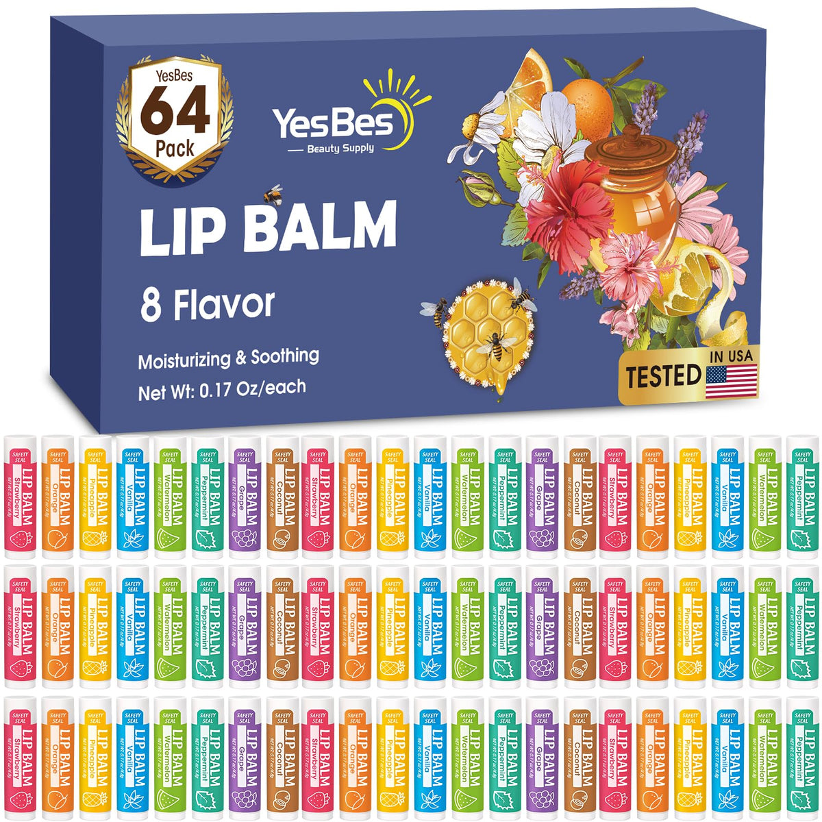 YesBes 32 Pack Lip Balm, Natural Lip Balm Bulk with Vitamin E and Coconut Oil, Moisturizing Lip Balms for Dry Cracked Lips, Lip Balms for Mothers Day Gifts Stocking Stuffers - 8 Flavors