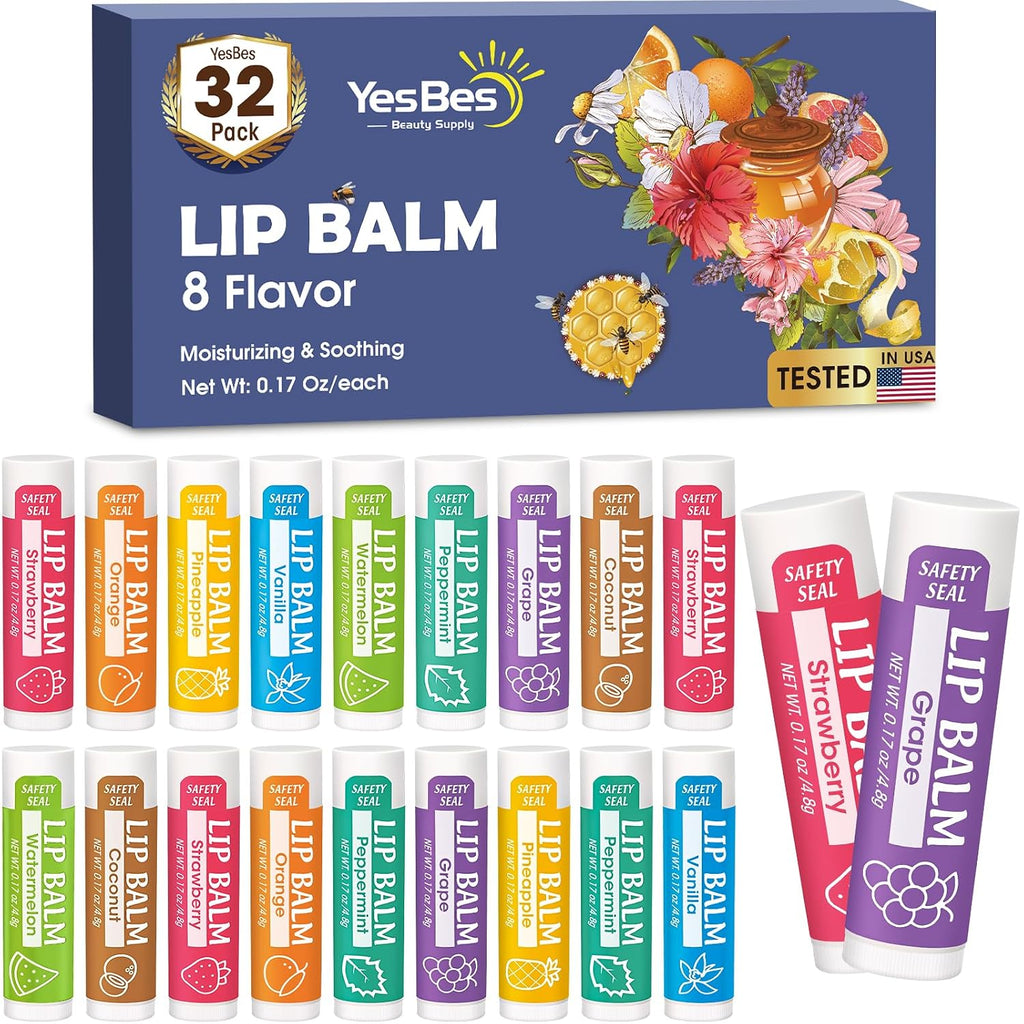 YesBes 32 Pack Lip Balm, Natural Lip Balm Bulk with Vitamin E and Coconut Oil, Moisturizing Lip Balms for Dry Cracked Lips, Lip Balms for Mothers Day Gifts Stocking Stuffers - 8 Flavors